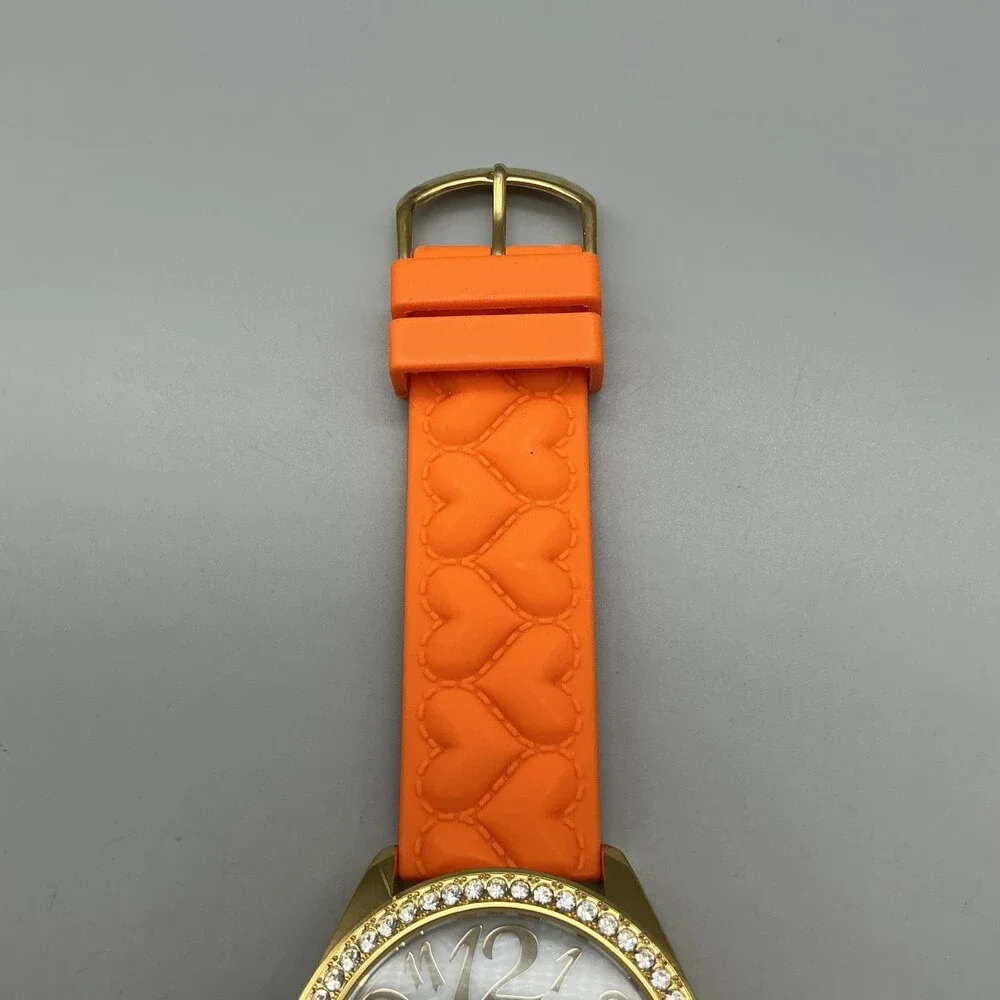 Betsey Johnson Womens Watch 40mm MOP Orange Gold Tone Crystal New Battery